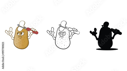 Cartoon potato character holding a tool with a determined expression.
