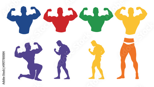 Silhouettes of bodybuilders flexing muscles in various poses and colors.