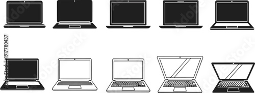 Laptop computer notebook icon set, digital device technology screen, cad drawing flat vector illustration, office electronic hardware equipment, portable workstation,