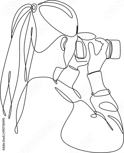Line abstract drawing of paparazzi photographer taking pictures with modern digital camera from angles. Journalist or reporter taking pictures. Continuous line drawing, graphic vector illustration.