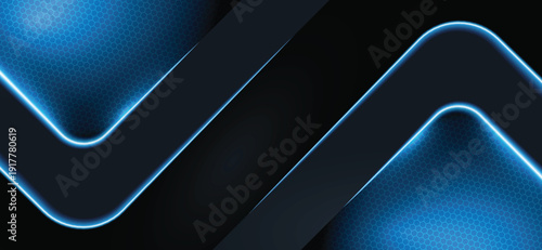 Blue lights and geometric shape overlaping hexagon mesh pattern