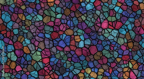 Vibrant mosaic pattern with colorful stained glass pieces