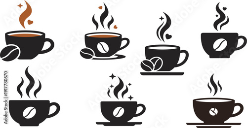 Coffee cups and aromatic beverage icons set, black silhouettes of steaming coffee mugs with coffee beans, hearts and stars isolated on white background.