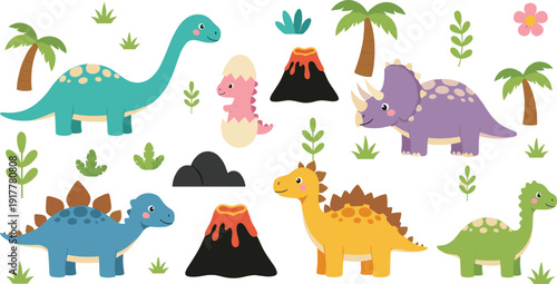 Flat vector illustration set of cute prehistoric dinosaurs including brachiosaurus triceratops stegosaurus and baby dinosaur with volcanoes palm trees and tropical leaves.