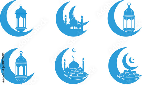 Ramadan kareem islamic crescent moon logos with mosque silhouettes