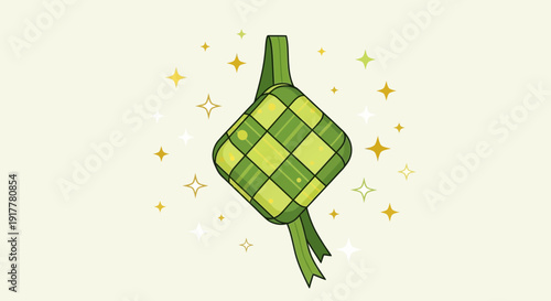 A delicious green ketupat, a traditional rice cake, suspended with flowing ribbons and surrounded by festive sparkling stars.