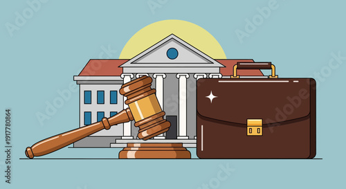 A gavel rests before a grand courthouse with a briefcase, representing the legal system and justice.