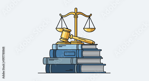 A stack of law books with a golden gavel and scales of justice