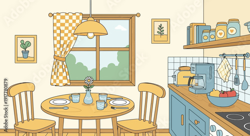 Cozy Kitchen Table Setting With Flower And Toasting Machine Visible