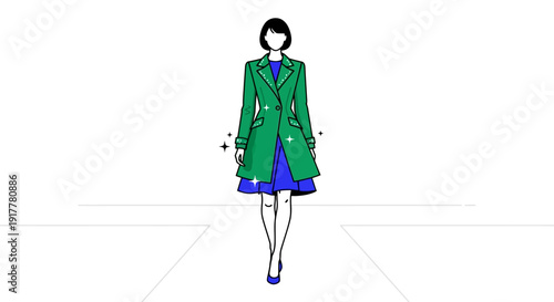 Fashion model wearing a vibrant green coat and blue dress on a runway