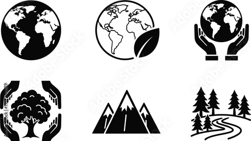 Earth globe nature conservation icons set, ecology environment protection hands holding tree mountain forest, cad drawing flat vector illustration, eco sustainability,