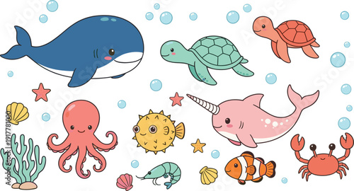 Flat vector illustration set of cute sea animals including whale turtles octopus narwhal puffer fish clownfish crab shrimp shells and coral reef.