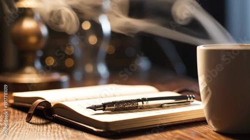 Open notebook with pen and steaming coffee cup on wooden table.