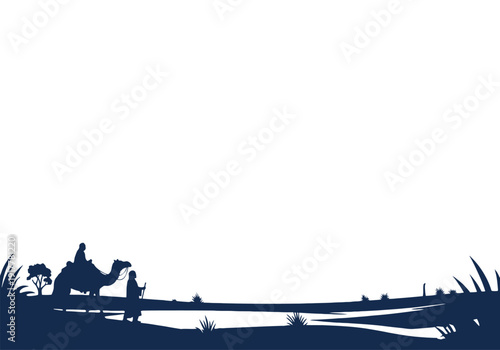 Desert landscape with camel and rider silhouette