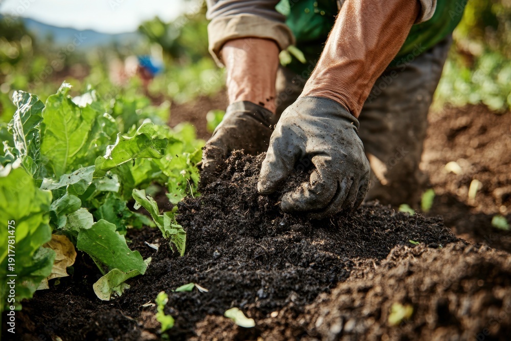 Fototapeta premium Farmer wearing gloves works with rich dark soil in vegetable garden, nurturing healthy green plants under natural sunlight in outdoor farm setting