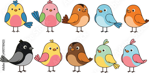 Flat vector illustration set of cute colorful little birds characters including yellow pink blue orange and green small garden birds for nature design.