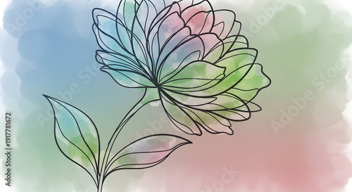 A delicate flower with green and pink petals and leaves on a colorful background