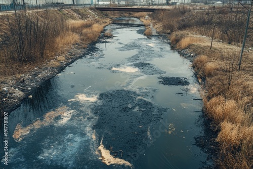 Polluted urban river with chemical runoff and debris, surrounded by dry grass and industrial buildings, showing environmental degradation and water contamination