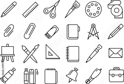 School icons, office supplies, pencil, ruler, scissors, notebook, pen, eraser, paperclip, paintbrush, palette, compass