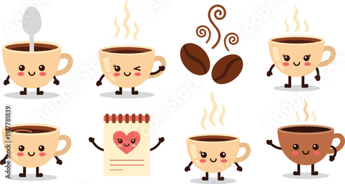 Cute coffee cup characters set, kawaii vector illustrations with smiling espresso mugs, roasted coffee beans and cafe heart symbols isolated on white background.