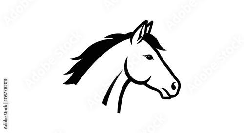 A stylized black and white illustration of a horse's head in profile, showcasing its mane and strong features.