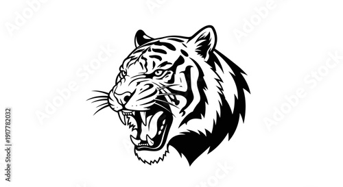 Fierce black and white illustration of a roaring tiger head with open mouth and sharp teeth, depicting power and aggression.
