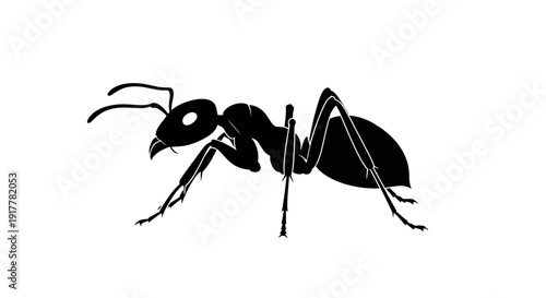 A detailed black silhouette of an ant, viewed from the side, against a plain white background, highlighting its distinct body structure and legs.