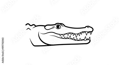 Black and white line art drawing of an alligator or crocodile head with sharp teeth, showcasing its powerful jaw and eye.