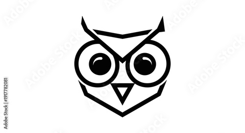 A minimalist black and white geometric illustration of an owl's face with large round eyes and pointed ears, depicting wisdom and nocturnal nature.
