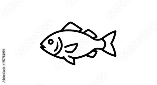 Simple black outline drawing of a fish swimming, isolated on a clean white background, representing aquatic life.