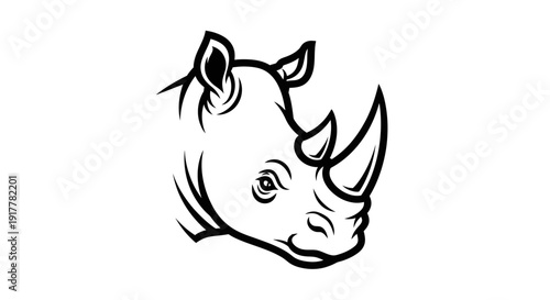 Black and white line art illustration of a rhinoceros head in profile, showcasing its distinctive horn and powerful features.