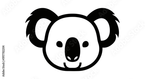 Cute black and white cartoon koala face illustration with big ears and nose, simple graphic design.