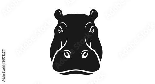 Black and white graphic illustration of a hippopotamus head facing forward.