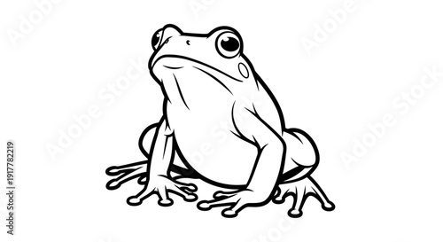 A black and white line art illustration of a frog sitting, looking forward with detailed features.