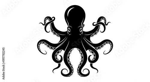 A detailed black and white illustration of an octopus with its tentacles spread out, showcasing its intricate design.
