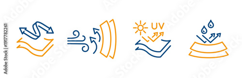 icons of stretching fabric, windproof, waterproof and sun protection fabric, properties material, line art icon vector