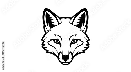 A detailed black and white illustration of a fox head, facing forward with sharp features and an alert expression.