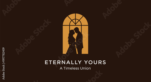 Silhouette of a loving couple embracing in front of an arched window.