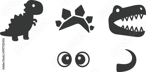 Cute dinosaur silhouettes and prehistoric elements set, black cartoon icons with T-Rex, stegosaurus plates, scary dino head and monster eyes isolated on white background.