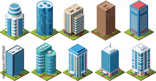 Flat isometric vector illustration set of modern office buildings and city skyscrapers with glass windows and blue facades isolated on white background.