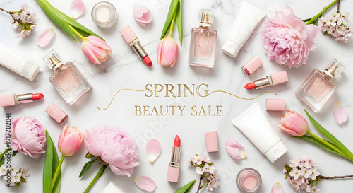 Spring beauty essentials flat lay with tulips and cosmetics