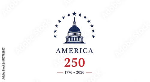 America 250th anniversary logo, USA independence celebration emblem with Capitol building and stars, 1776-2026 commemorative vector icon