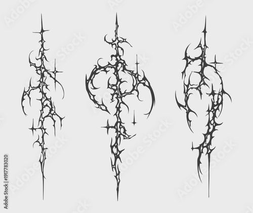 Dark Gothic Tribal Ornaments Vector Illustration. Abstract Black Ink Symmetrical Shapes for Tattoos, Streetwear Design, and Modern Graphics. Set of Edgy Occult and Metal Music Inspired Symbols. Cyberp