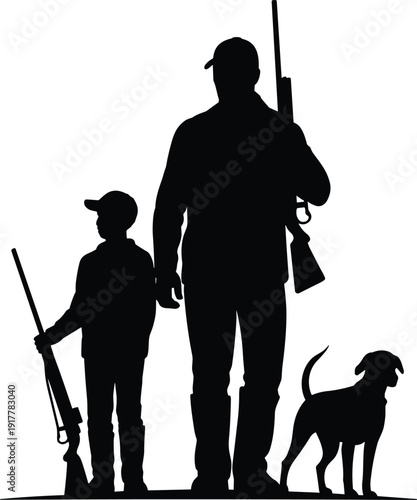 Black silhouette of father and son hunters with rifles and hunting dog isolated on white background for outdoor adventure and wilderness sport.