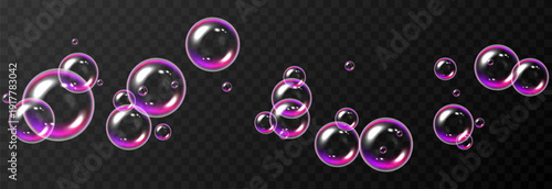 Realistic soap bubbles PNG. Flying soap bubbles on an isolated transparent background. Bubbles from foam or detergent.