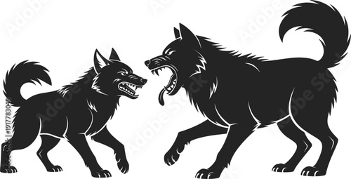 Black silhouette of two aggressive growling wolves facing each other isolated on white background for mascot logo, wildlife nature, and predatory animals.