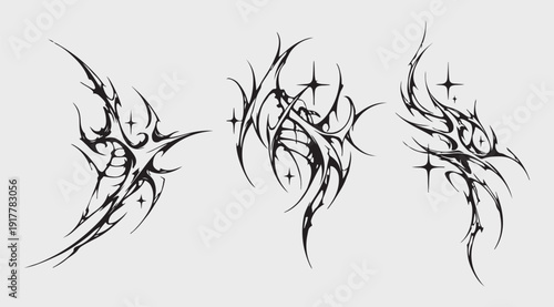 Dark Gothic Tribal Ornaments Vector Illustration. Abstract Black Ink Symmetrical Shapes for Tattoos, Streetwear Design, and Modern Graphics. Set of Edgy Occult and Metal Music Inspired Symbols. Cyberp
