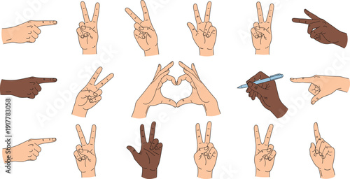 Flat vector illustration set of human hands with various skin tones showing different gestures including pointing peace sign heart shape and counting.