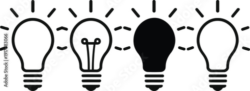 Set of black linear light bulbs idea with ray of light on transparent background