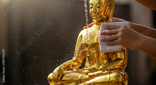 Devotee Gently Cleansing a Golden Buddha Statue with Water for Songkran Festival Blessing Ritual